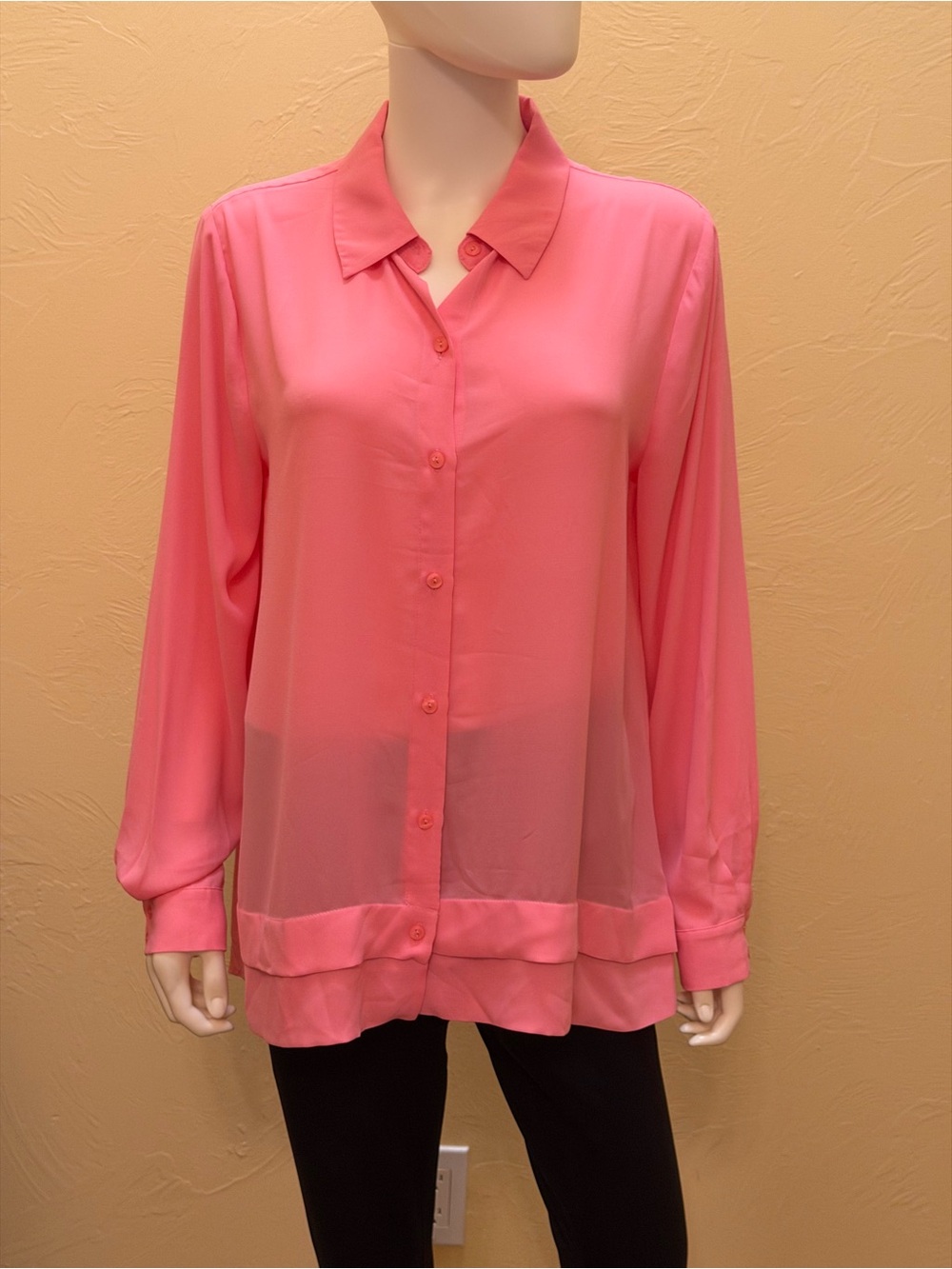 Pink Semi-Shear Long-Sleeve Button Front Blouse by Susan Graver